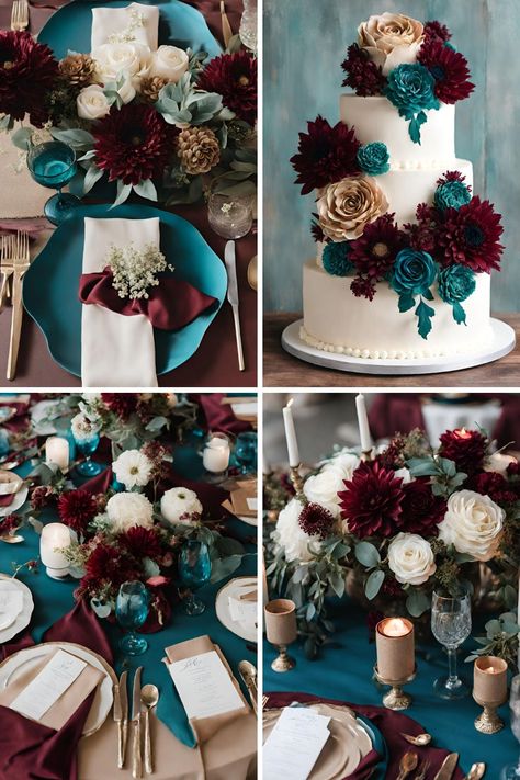 Burgundy and Dark Teal Wedding: Beautiful Burgundy, Dark Teal, and Tan Ideas - Francisca's Bridal Wine And Dark Teal Wedding, Turquoise And Red Wedding Theme, Teal Wedding Theme Color Combinations, Teal And Maroon Wedding, Dark Teal And Burgundy Wedding, Red And Blue Wedding Theme, Teal And Burgundy Wedding, Dark Teal Wedding, Teal Wedding Theme