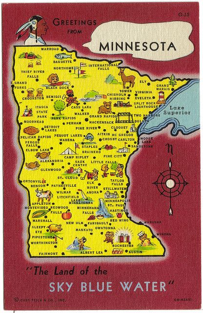 Vintage Postcard - Minnesota Map by _kristin_, via Flickr Urban Cabin, Minnesota Art, Minnesota History, Mn Vikings, Lake Lighthouse, Minnesota Nice, Vintage Minnesota, Minnesota Travel, Minnesota Home