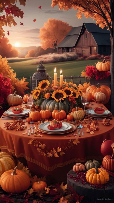 Immerse yourself in the warmth of Thanksgiving with this stunning wallpaper featuring a cozy autumn scene. A beautifully set table adorned with a rich orange tablecloth, golden leaves, and a charming centerpiece of pumpkins and sunflowers is surrounded by vibrant fall foliage. A rustic barn and golden sunset complete this picturesque setting, perfect for evoking feelings of gratitude and togetherness. Ideal for cozy autumn vibes! Table Wallpaper, Happy Thanksgiving Pictures, Handcrafted Journals, Fall Bedroom Decor, Thanksgiving Pictures, Scene Wallpaper, Thanksgiving Wallpaper, Cozy Fall Decor, Fall Images