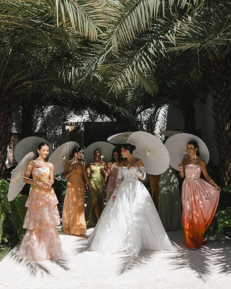 Alexa chose an effortless array of bright tones for her closest girls. The bride wore a Spanish/Mediterranean gown by @zuhairmuradmariage @zuhairmuradofficial— drool worthy! #zuhairmurad #destinationweddingphotographer #bridesmaiddress Father Of The Bride Attire, Spanish Bride, Bridal Party Shoes, Bridal Party Makeup, Bridal Parties Colors, Umbrella Photo, Bridal Party Hair, Bride Attire, Spanish Mediterranean