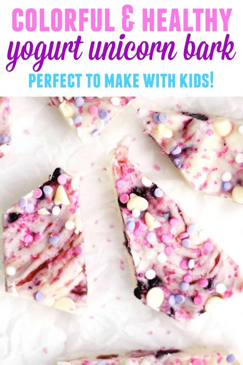 Easy greek yogurt unicorn bark recipe! This 4-ingredient frozen yogurt bark is a fun and colorful (healthyish) treat to make with the unicorn lover in your life. Perfect for a unicorn party! // Rhubarbarians // kids party recipes / toddler recipes / recipes to make with kids / #unicorn #yogurt #bark #unicornrecipes #rhubarbarians