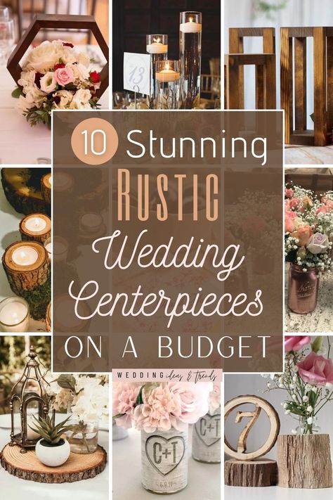 You want to stand out at your country-themed wedding, but your budget might not allow for extravagant floral displays. With these 10 amazing rustic wedding decorations, your guests will think you spent tons of money. From lantern and mason jars with floral arrangements to farmhouse wood centerpieces and tree stumps candle holders. Here are 10 country rustic wedding centerpieces on a budget that will help you find inspiration for your wedding table design. Wedding Centerpieces On A Budget, Wedding Guest Table Decor, Centerpieces On A Budget, Barn Wedding Centerpieces, Country Wedding Centerpieces, Country Rustic Wedding, Wedding Decorations Ideas, Rustic Table Centerpieces, Wedding Guest Table