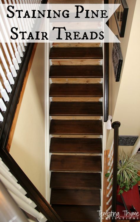 How To Stain Stair Treads, Pine Staircase, Staining Stairs, Replace Stairs, Paint Stairs, Pine Stair Treads, Stairway Makeover, Painting Stairs, Stain Pine