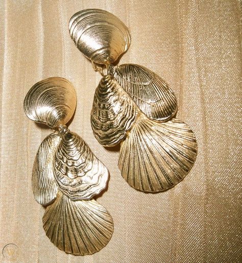 Vintage Shell Jewelry, Gold Shell Earrings, Castlecliff Jewelry, Italian Gold Jewelry, Vintage Gold Earrings, Vintage Wedding Jewelry, Sea Jewelry, Earring Gold, Italian Jewelry