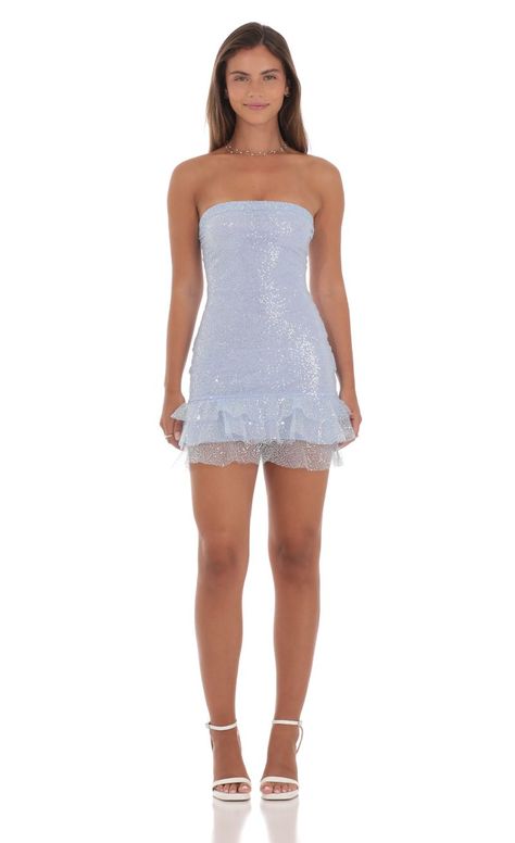 Sequin Strapless Bodycon Dress in Light Blue | LUCY IN THE SKY Light Blue Hoco Dress, Hoco Fits, Sparkly Hoco Dress, Light Blue Homecoming Dresses, Blue Hoco Dress, Sweet Sixteen Dresses, Cute Formal Dresses, Sea Dress, Strapless Bodycon Dress