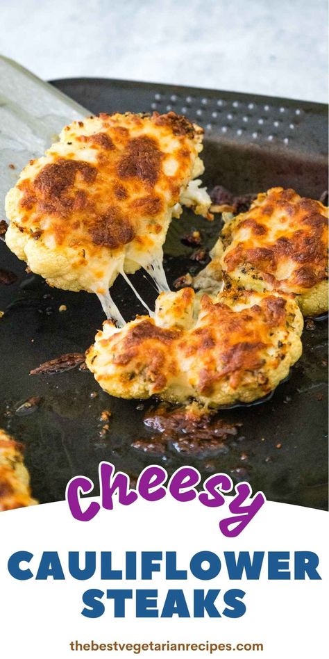 Thought cauliflower is just a side dish? Think again! This Cheesy Cauliflower Steaks recipe will make you question everything you know about cauliflower. Our thick seasoned slices of cauliflower, topped with cheesy goodness, turn this humble vegetable into a main course that even hardcore carnivores can't resist. Are you daring enough to give it a try? This this recipe and more at thebestvegetarianrecipes.com Fried Cauliflower Steaks, Cheesy Cauliflower Steaks, Cheesey Cauliflower Steaks, Coliflower Steak Roasted, Cheesy Baked Cauliflower Head, Smoked Cauliflower Steaks, Cauliflower Steaks Recipes, Baked Steak, Keto Recipes Breakfast