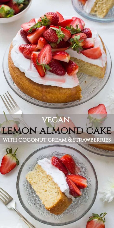 Vegan Flower Cake, Vegan Cake With Fruit, Vegan Celebration Cake, Dairy Free Almond Cake, Vegan Spring Dessert, Vegan Almond Cake, Vegan Summer Desserts, Vegan Strawberry Cake, Biscoff Banana