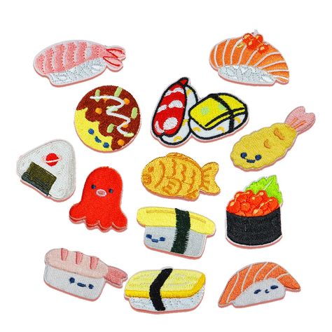 Sushi Punch Needle, Badges For Bags, Sushi Embroidery, Octopus Sushi, Pizza Embroidery, Kawaii Embroidery, Food Embroidery, Sushi Pizza, Applique Clothes