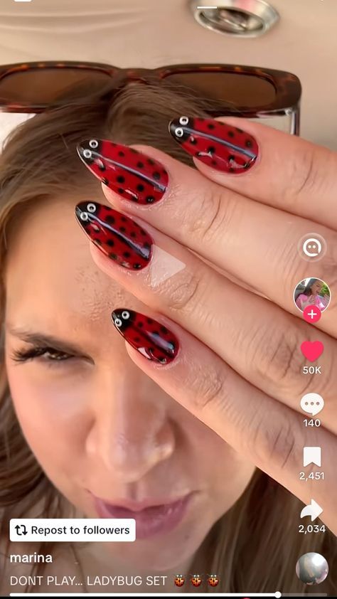 Ladybug Nails Acrylic, Lady Bird Nails, Ladybug Acrylic Nails, Ladybug Nails Designs, Simple Funky Nails, Ladybird Nails, Hungry Caterpillar Nails, Nails Ladybug, Caterpillar Nails