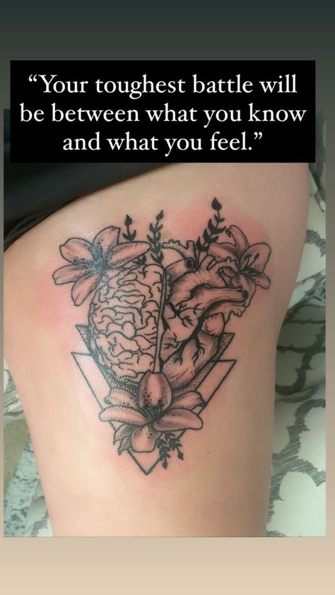 Watering Brain Tattoo, Heart Problem Tattoos, Half Heart Half Flower Tattoo, Half Heart Half Brain Tattoo, Brain Flower Tattoo, Flower Brain Tattoos, Floral Brain Tattoo, Heart And Mind Tattoo, Heart On Your Sleeve Tattoo