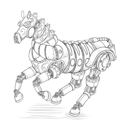 Horse steampunk Steampunk Illustration Character Concept, Steampunk Animals Drawing, Steampunk Horse, Steampunk Drawing, Mechanical Horse, Elephant Sketch, Steampunk Illustration, Steampunk Animals, Mechanical Animals