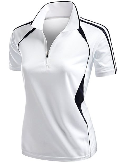 Womens Coolmax Sporty Fill Zipup Short sleeve Polo T-Shirt WHITE L Polo Shirt Design Uniform, Org Shirt, Golf For Women, Spa Wear, Team Shirt Designs, Honma Golf, Sports Tshirt Designs, Sports Tshirt, Sport Shirt Design