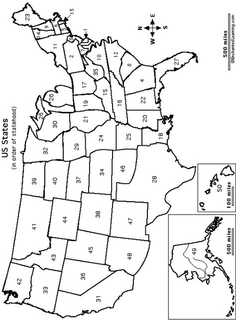 outline map US states, numbered by when they entered statehood. Use to label state names and capitals. United States Map Printable, Us Map Printable, Us State Map, Map Worksheets, States And Capitals, Homeschool Geography, Flag Coloring Pages, Maps For Kids, America Map