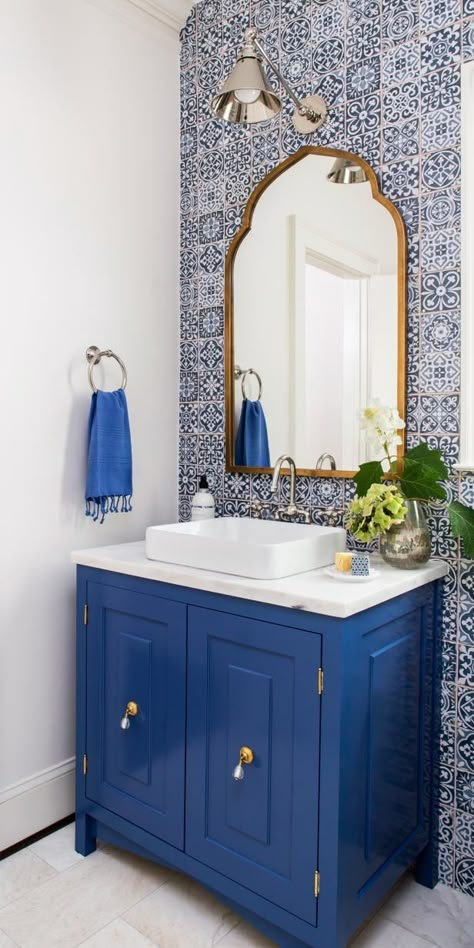 Moroccan Style Bathroom, Vibrant Bathroom, White Mosaic Tile, Tile Accent Wall, Moroccan Bathroom, Half Bathroom Decor, Blue Bathroom Tile, Bathroom Accent Wall, Mosaic Bathroom