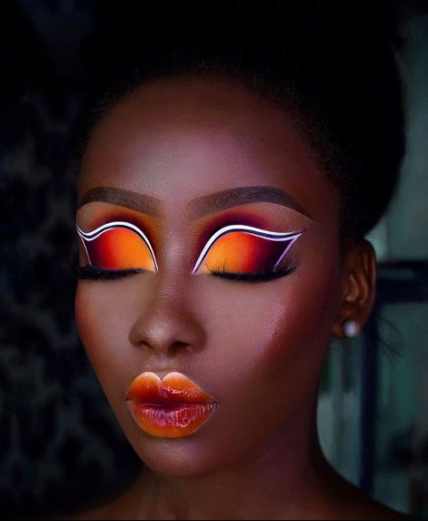 Orange Make Up Looks Creative, Full Color Makeup, Eyes Type, Practice Makeup, Phoenix Makeup, Fire Makeup, Exotic Makeup, Goth Eye Makeup, Holloween Makeup