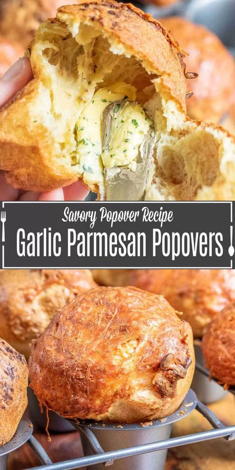 Garlic parmesan popovers are the perfect combination of garlic bread and traditional popovers. This soft puffy roll will compliment nearly any dinner! This homemade popover recipe is the perfect addition to a holiday meal. Easter dinner, Thanksgiving dinner, Christmas dinner or just a delicious Sunday dinner. This light and fluffy bread recipe is calling your name. Parmesan Popovers, Fluffy Bread Recipe, Easy Popovers, Popover Recipe, Fluffy Bread, Dinner Christmas, Dinner Thanksgiving, Tasty Bread Recipe, Side Dish Recipes Easy