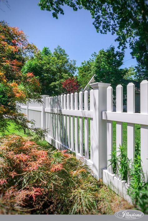 Dog Ear Picket Fence, Picket Fence Ideas, Vinyl Picket Fence, Vinyl Gates, White Vinyl Fence, Vinyl Fence Panels, Picket Fence Panels, House Fence, Vinyl Railing