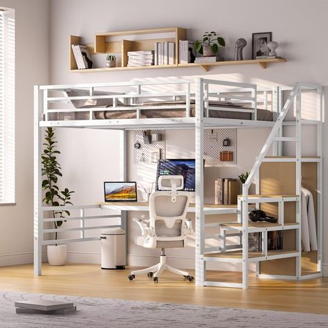 Amazon.com: GM Ultra Full Size Loft Bed with Desk & Storage Stairs, Metal Loft Bed Frame with Wardrobe, Versatile High Loft Bed for Kids Teens Adults, Sturdy Slats Support, No Box Spring Needed, White : Home & Kitchen Integrated Wardrobe, High Loft Bed, Loft Bed Desk, Stairs Metal, Lofted Bed, Storage Stairs, Full Size Loft Bed, Organize Clothes, Metal Loft Bed