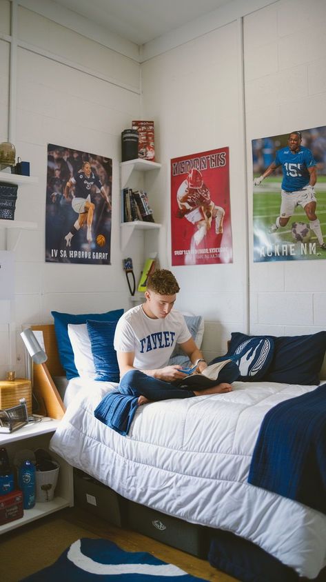 Explore the best dorm room ideas for boys to create a stylish and functional dorm space! From a cozy dorm bed to essential dorm room items, get inspired while preparing for college. Download our college dorm room shopping guide. Male Dorm Room, College Boy Room, Boys Dorm Room Ideas, Boy College Dorms, Room Essentials List, Dorm Shopping List, Dorm Room Items, Guy Dorm, Dorm Room Essentials List