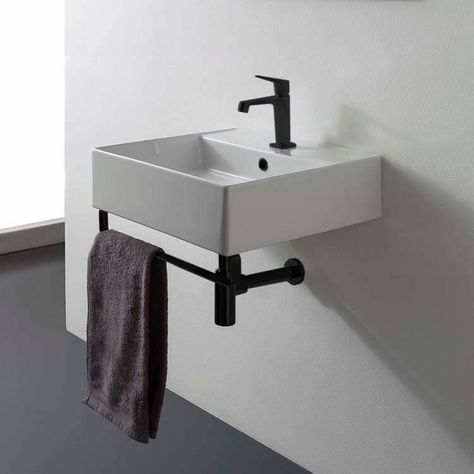 Floating Sink In Bathroom, Tiny Bathroom Sink Ideas, Square Sink Bathroom, Tin Bathroom Ideas, Wall Mounted Sink Bathroom, Wall Mount Sink Bathroom, Ada Restroom, Square Bathroom Sink, Black Towel Bar