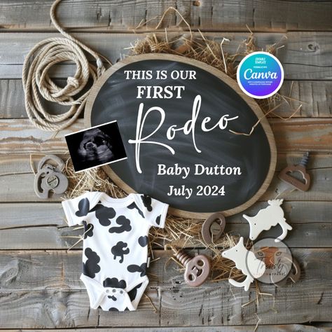 Yay, you’re having a baby! We are so happy for you! Share the news of your pregnancy with friends and family with our Cowboy Rodeo Baby Announcement. It is the perfect gender-neutral announcement! This editable template allows you to customize and download your announcement instantly! Use this pregnancy reveal to share on all your social media platforms, text, email or print it out to share. Gender Reveal Themes Neutral, Rodeo Nursery Theme, Country Theme Gender Reveal, Gender Reveal Ideas Cowboy Or Cowgirl, Western Baby Reveal Ideas, Country Baby Announcing Ideas, Rodeo Gender Reveal Ideas, Gender Reveal Western Theme, Our First Rodeo Baby Shower Ideas