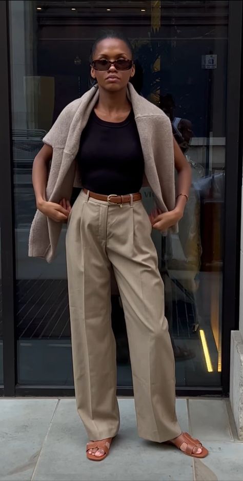 Neutral Corporate Outfit, Tan Slacks Outfit, Relaxed Office Outfits Women, Beige Trouser Outfit Women, Camel Pants Outfit Work, Cream Trouser Outfit Women, Tan Belt Outfit, Tan Pants Outfit Work, Camel Trousers Outfit