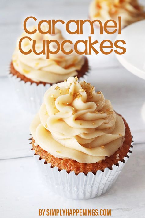 Caramel cupcakes made with a rich buttery brown sugar cake topped with caramel buttercream frosting and golden sprinkles or caramel syrup. Yields 24 regular-sized cupcakes. Brown Sugar Cupcakes Recipe, Cupcake Recipes Caramel, Carmel Cupcake Recipe, Cupcakes With Caramel, Caramel Flavored Cake, Caramel Cake Cupcakes, Caramel Cupcakes Recipe, Salted Caramel Cupcakes Recipe, Carmel Cupcakes