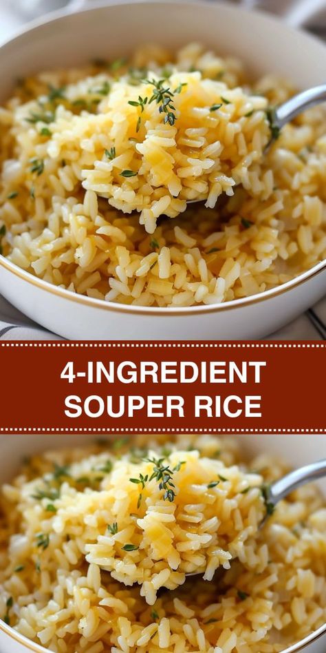 Quick, easy, and delicious! This 4-Ingredient Souper Rice is the perfect weeknight meal or side dish. Made with cream of chicken soup, low-sodium chicken broth, instant white rice, and Parmesan cheese, this creamy and comforting recipe comes together in less than 15 minutes. Ideal for busy families looking for simple yet satisfying dishes. White Minute Rice Recipes, Instant Pot Rice Recipes White, Rice And Cream Of Chicken Soup, Chicken Broth Rice Recipes, Restaurant Style Cream Of Chicken Rice Soup, Cream Of Chicken Soup And Rice, Low Sodium Rice Dishes, Rice And Cheese Recipes, Best Rice Recipes Simple