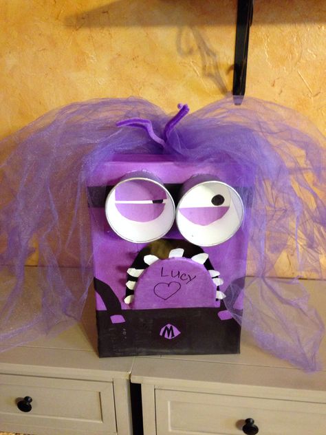 Evil Minion Valentine's box Tissue Box Book Character Contest, Minion Valentine Box Ideas, Shoe Box Monster Craft, Purple Minion Valentine Box Ideas, Recycled Crafts Kids Projects, Minion Valentine, Tissue Box Crafts, Girls Valentines Boxes, Monster Box