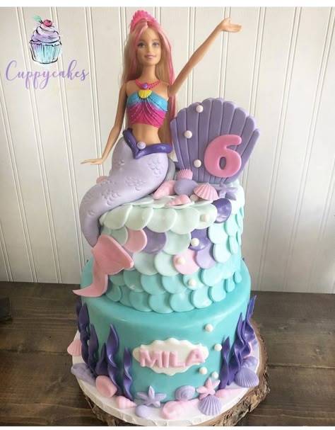 Barbie Mermaid Theme Party, Mermaid Birthday Cake With Doll, Mermaid Barbie Birthday Party Cake, Barbie Mermaid Power Birthday, Barbie Dreamtopia Birthday Cake, Mermaid Cake With Barbie, Barbie Cake 4th Birthday, Mermaid 5th Birthday Cake, Barbie Mermaid Party Ideas