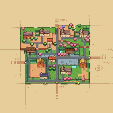 Pixel Game Mockup, Rpg Town Map, Video Game Map Design, Game Maps Design, Town Map Drawing, Pixel Art Village, Pixel Village, Pixel Art Town, Video Game Map