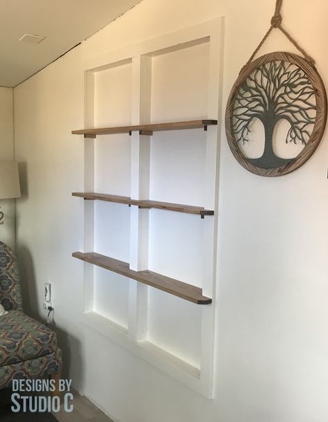 In Wall Storage Between Studs Living Room, Diy Built In Shelves Between Studs, In Wall Shelves Between Studs, Narrow Wall Shelves, Drywall Shelves, Apartment Washer, Between The Studs, Between Studs, Building Shelves