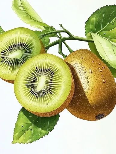 ↑↑↑ Larger size on website 🔸 The image depicts three kiwi fruits, two cut open, revealing their green flesh and black seeds, and Kiwi Fruit, Water Droplets, Lush Green, Kiwi, Green Leaves, Lush, Seeds, Fruit, Water