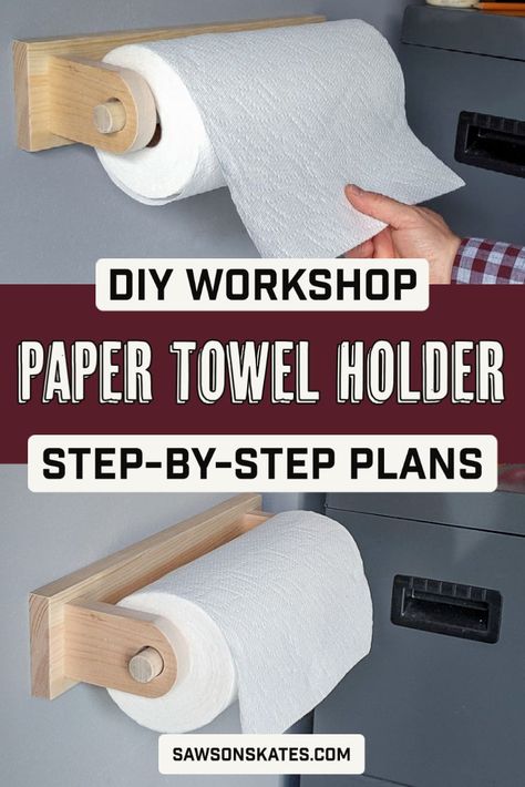 Keep your workshop organized with this easy DIY paper towel holder! Learn how to make one using scrap wood in just a few simple steps. Garage Paper Towel Holder, Shop Towel Holder, Farmhouse Paper Towel Holder Diy, French Cleat Paper Towel Holder, Diy Wood Paper Towel Holder, Diy Wooden Paper Towel Holder, How To Make A Paper Towel Holder, Paper Towel Holder Ideas, Diy Paper Towel Holder