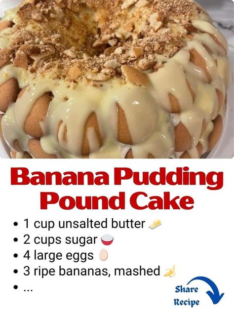 Ina Garten 🍲 | 🍌🍰Homemade Banana Pudding Pound Cake  🌟👩‍🍳This Banana Pudding Pound Cake is pure bliss | Facebook Bannan Pudding Cake Recipe, Banana Bread Pound Cake, Banana Pound Cake Recipes, Banana Cream Pound Cake, Banana Pudding Bundt Cake Recipes, Banana Pudding Pound Cake Recipe, Pound Cake Banana, Banana Pudding Poundcake, Banana Pudding Pound Cake