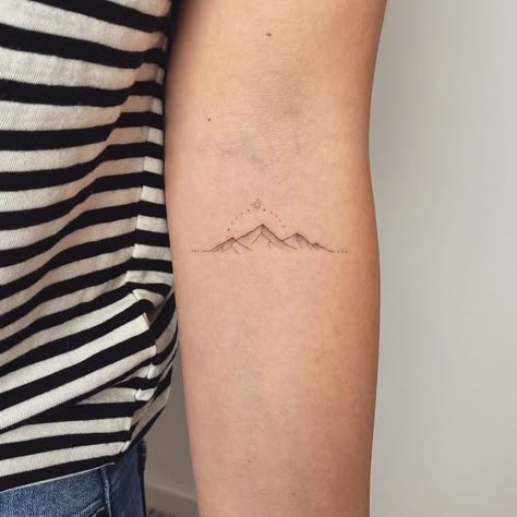 Alpine Mountain Tattoo, Three Suns Tattoo, California Mountains Tattoo, Mountain Peak Tattoo Simple, Half Sun And Mountain Tattoo, Aspen Mountain Tattoo, Fine Rib Tattoo, Mountains Line Tattoo, Mountain Faith Tattoo