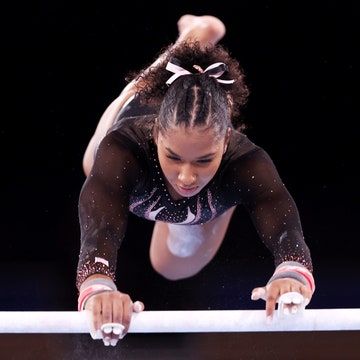 Gymnastics Hairstyles For Black Hair, Black Gymnast Hairstyles, Gymnastics Hairstyles For Competition, Gymnastics Competition Hair, Gymnastics Hairstyles, Black Gymnast, Toddler Gymnastics, Jordan Chiles, Gymnastics Shorts