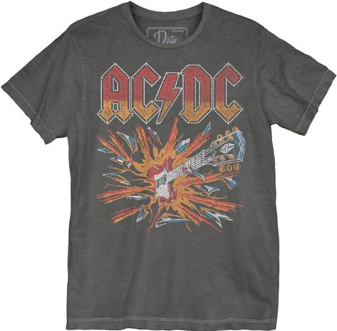 This men's unisex vintage fashion t-shirt is by Dirty Cotton Scoundrels and spotlights the legendary AC/DC logo and guitar explosion image. AC/DC are one of the most successful bands in rock n' roll history achieving the highest of critical acclaim and respect. Our tee is made from 100% black cotton, with washed out effects and exposed stitching, for an authentic vintage, yet trendy, vibe. #acdc #angusyoung #bonscott #mensfashion #womensfashion #dirtycottonscoundrels #bandtees #rockerrags Acdc Shirt, Led Zeppelin Shirt, Rock T Shirts, Rock Shirts, Band Shirts, Vintage Tee, Ac Dc, Work Shirts, Back To Black