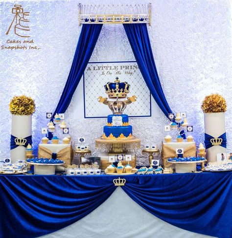 Royal Prince Baby Shower Party Ideas | Photo 2 of 26 Blue And Gold Decorations, Royal Baby Shower Boy, Royalty Baby Shower, Prince Baby Shower Theme, Prince Birthday Party, Prince Theme, Prince Party, Royal Baby Showers, Gold Decorations