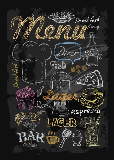 Vector chalk menu stock illustration Chalkboard Menu Board, Chalkboard Restaurant, Cafe Chalkboard, Chalk Menu, Blackboard Menu, Menu Board Restaurant, Foodie Design, Blackboard Drawing, Chalk Sign