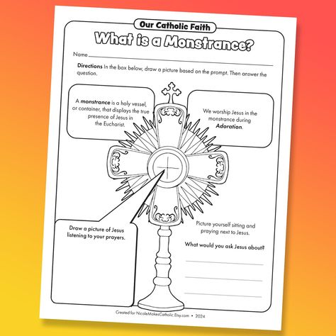 A fun, Catholic worksheet that many ages will enjoy! This is a worksheet that features the Monstrance and Eucharist, with a few facts and activities. It is 100% handmade by me and can be used for religious education classes, home school and Catholic school. Enjoy! Monstrance Catholic, Catholic Kids Crafts, Catholic Kids Activities, Religion Activities, Catholic Sacraments, Catholic Education, First Day Of School Activities, Bible Study For Kids, Faith Formation