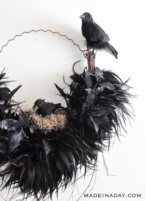 Ravens Nest Halloween Wreath, crows nest, crow wreath, #halloween, Feather wreath, hoop wreath, birds nest wreath, Halloween, Halloween decorations #crow #raven #spooky #nest #birds #feather Halloween Feather Wreath, Crow Wreath, Ravens Wreath, Raven Artwork, Crows Nest, Feather Wreath, Tattoos Men, Black Raven, Halloween Wreaths