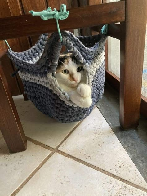 Home Made Cat Toys Ideas, Crochet Cat Hammock, Cat Hammock Diy, Cat Hammock Tutorial, Cat Hammock Crochet, Diy Crochet Cat Bed, Cat Toy Crochet, Hammock Diy, Diy Cat Hammock