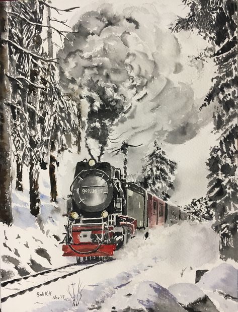 Trains In Germany, Nature Paintings Acrylic, Train Drawing, Drawing Love, Photography Drawing, Indian Art Gallery, Painting Snow, Winter Watercolor, Train Art