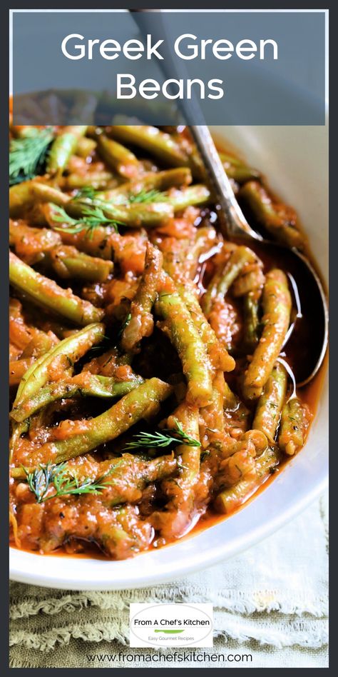 Green beans are braised in tangy tomato sauce, fruity olive oil with a touch of dill and garlic until buttery soft and tender in this easy Greek-inspired recipe. Greek Green Beans have an element of comfort yet sing with vibrant flavor! Mediterranean Green Beans, Greek Side Dishes, Greek Green Beans, Seasoned Green Beans, Italian Green Beans, Braised Greens, Fall Eats, Greek Recipes Authentic, Greek Dinners