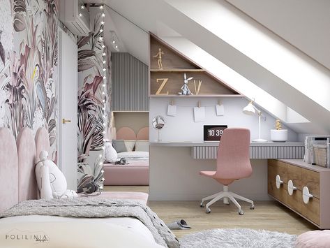 Girls room - Krakow on Behance Girls Room Makeover, Loft Room Ideas, Small Room Girl, Teenager Bedroom Design, Room Makeover Ideas, Diy Girls, Teenage Room, Attic Bedrooms, Kids Bedroom Designs