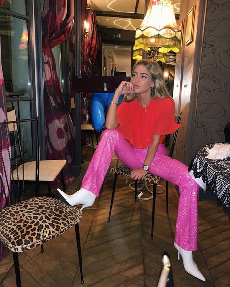 How to style sequined pants this Holiday Season and beyond Sequin Trousers, Emili Sindlev, Sally Lapointe, Saks Potts, Sequin Pants, Leopard Print Shirt, Trendy Streetwear, Paris Fashion Week Street Style, Pink Sequin