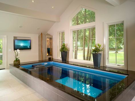 Inground Swimming Pools | Partially Inground Pool Ideas Indoor Swim Spa, Small Indoor Pool, Swimming Pool Decorations, Indoor Swimming Pool Design, Pool Design Ideas, Indoor Pool Design, Endless Pool, Piscina Interior, Indoor Pools