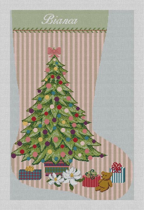 Pastel Holiday Tree Stocking Needlepoint Kit | NeedlePaint Pastel Christmas Stocking, Needlepoint Stockings Christmas, Cross Stitch Christmas Stocking Pattern, Needlepoint Kits Canvases, Cross Stitch Christmas Stockings, Needlepoint Stockings, Easter Pillows, Halloween Kit, Travel Ornament