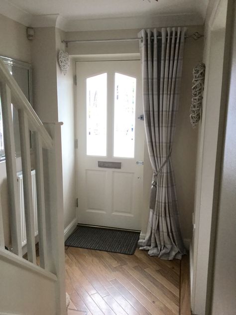 My Hallway. Curtain from Dunelm with grey tieback, white paintwork and Dulux Natural Hessian walls. Dulux Natural Hessian, Hallway Curtains, Grey Hallway Ideas, Gray Hallway, Striped Accent Wall, Front Door Curtains, Entrance Hall Decor, Farmhouse Style Bedroom Decor, Grey Hallway